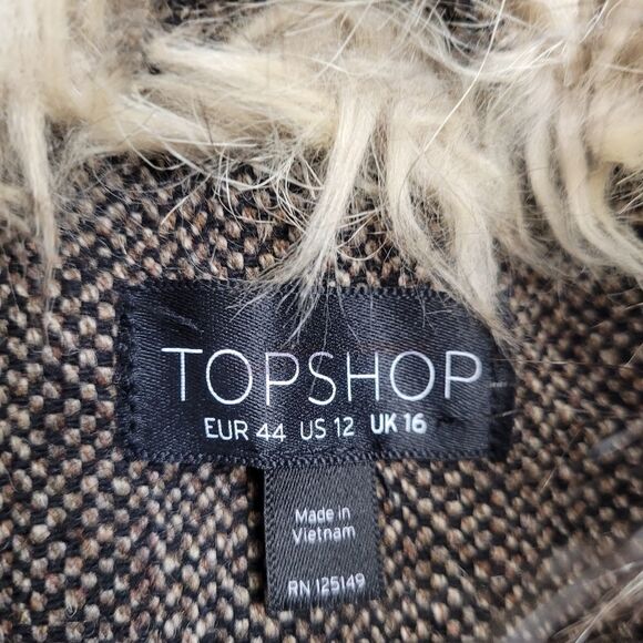 TOPSHOP faux fur collar vest wool tweed brown long dark academia 12 - Picture 6 of 10